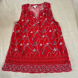 Crown & Ivy Sleeveless Top Crochet Accent Nautical Pattern Red/white/blue Size M